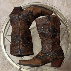 Ariat Brown Leather Cowboy Heeled Boots with Black Studded Accents